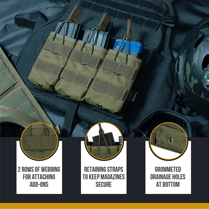 Triple Open-Top Tactical Rifle Magazine Pouch Holder for .223 / 5.56, Universal M4 M16 M14 Mag Carrier Bag