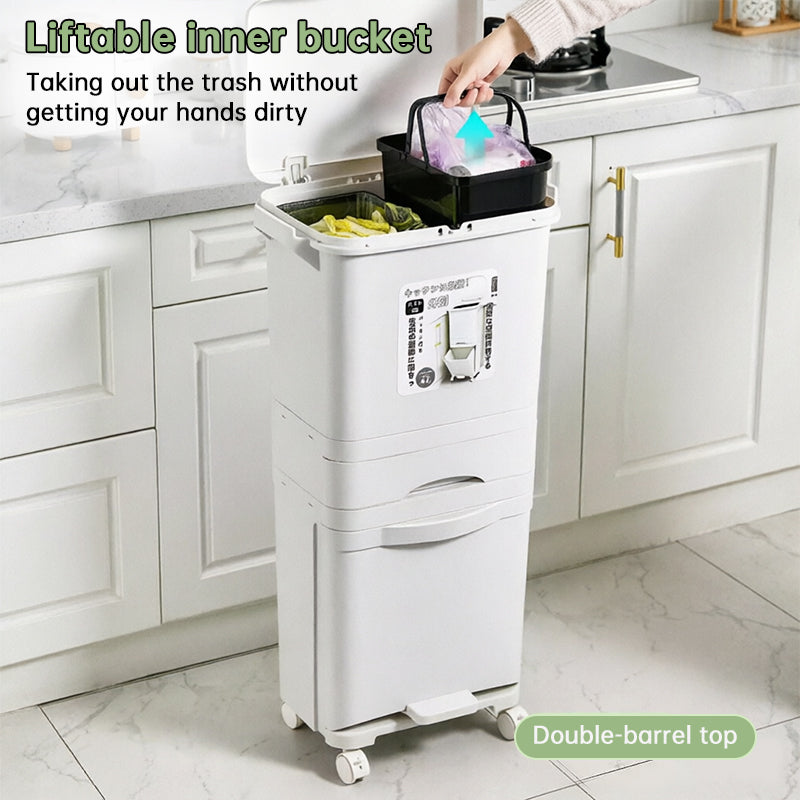 42L Kitchen Trash Can 3 Compartments with Pedal & Wheels, Recycling Bin