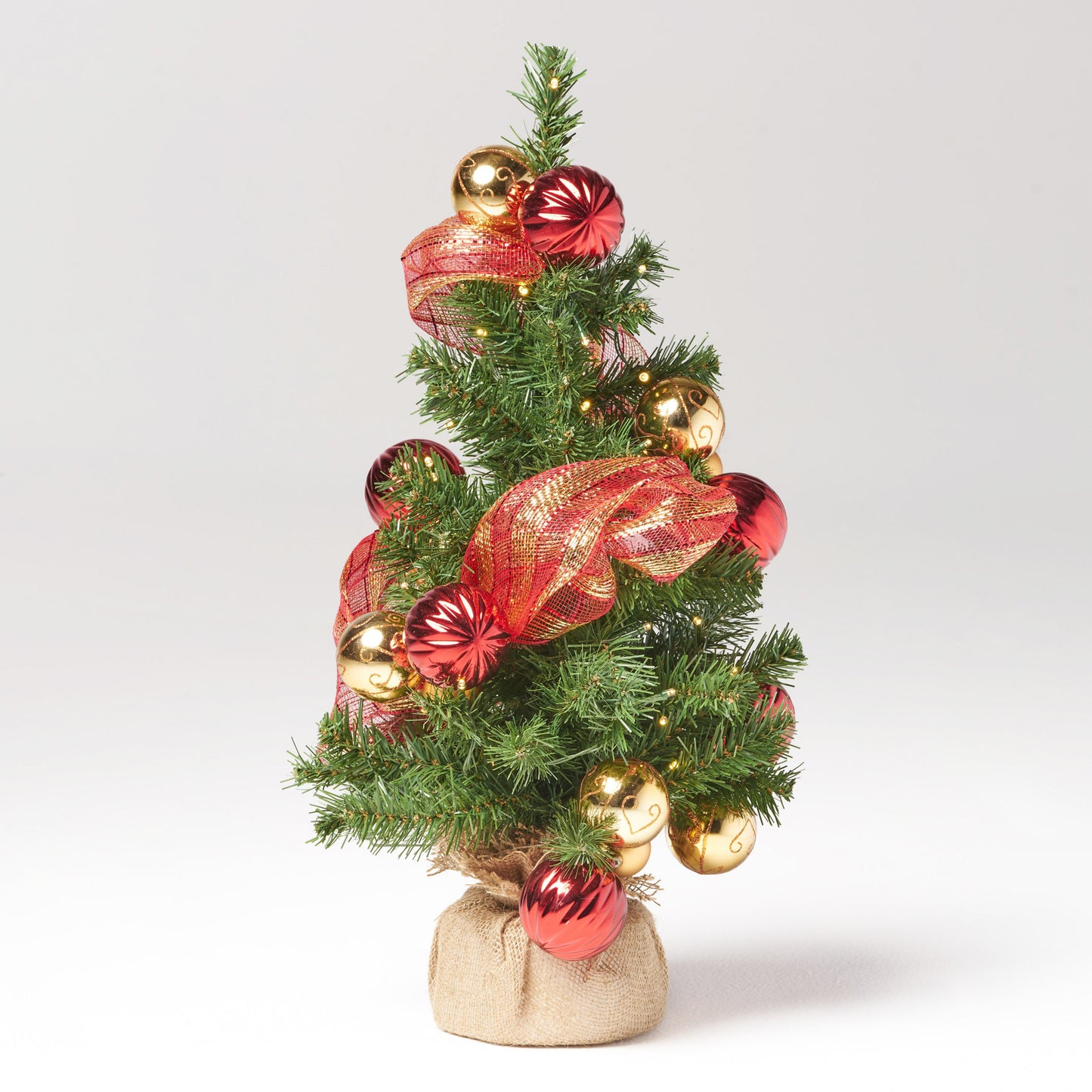 2'RED/GOLD DECORATION BURLAP TREE WITH 50 WARM WHITE LED LIGHTS-BATTERY OPERATED
