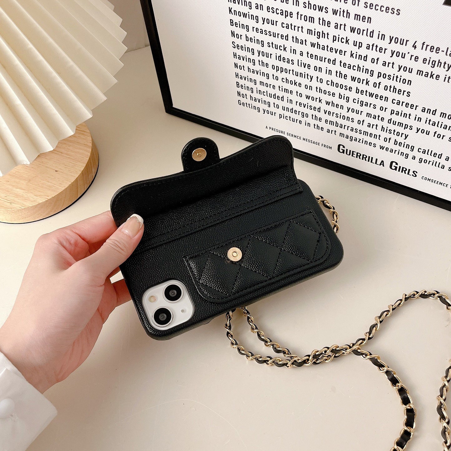 iPhone 17 Pro Max Chanel Style Card Holder Leather Wallet Case with Pattern for iPhone 16, 15, 14 - Hard Protective Shell, Vintage Texture Design