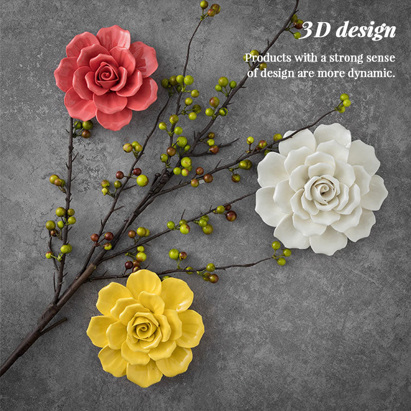 Ceramic 3D Wall Flowers - Hand-Painted Peony, Rose & Camellia Wall Decor for Wedding & Gift