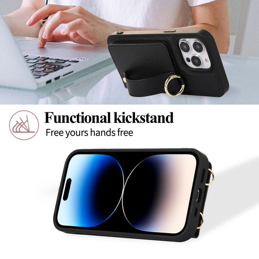 Suitable for Apple 16 Pro card case phone case card insertion 17 Pro Max 16E wrist strap phone leather case