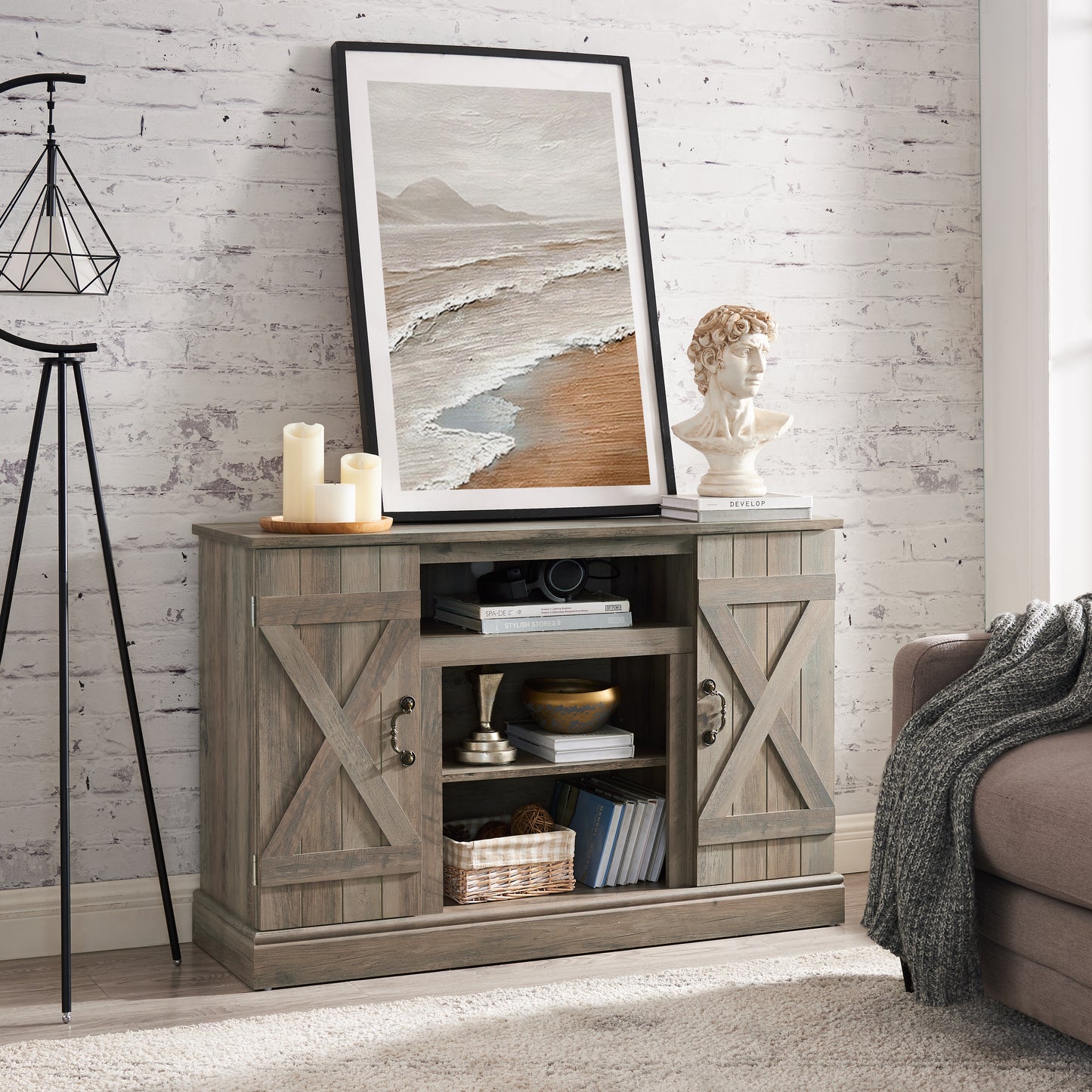 Farmhouse Classic Media TV Stand Antique Entertainment Console for TV up to 50" with Open and Closed Storage Space