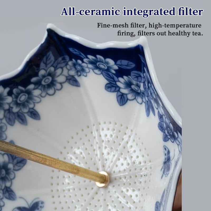 Blue & White Porcelain Umbrella Tea Strainer with Tassel – Chinese Style Ceramic Tea Filter
