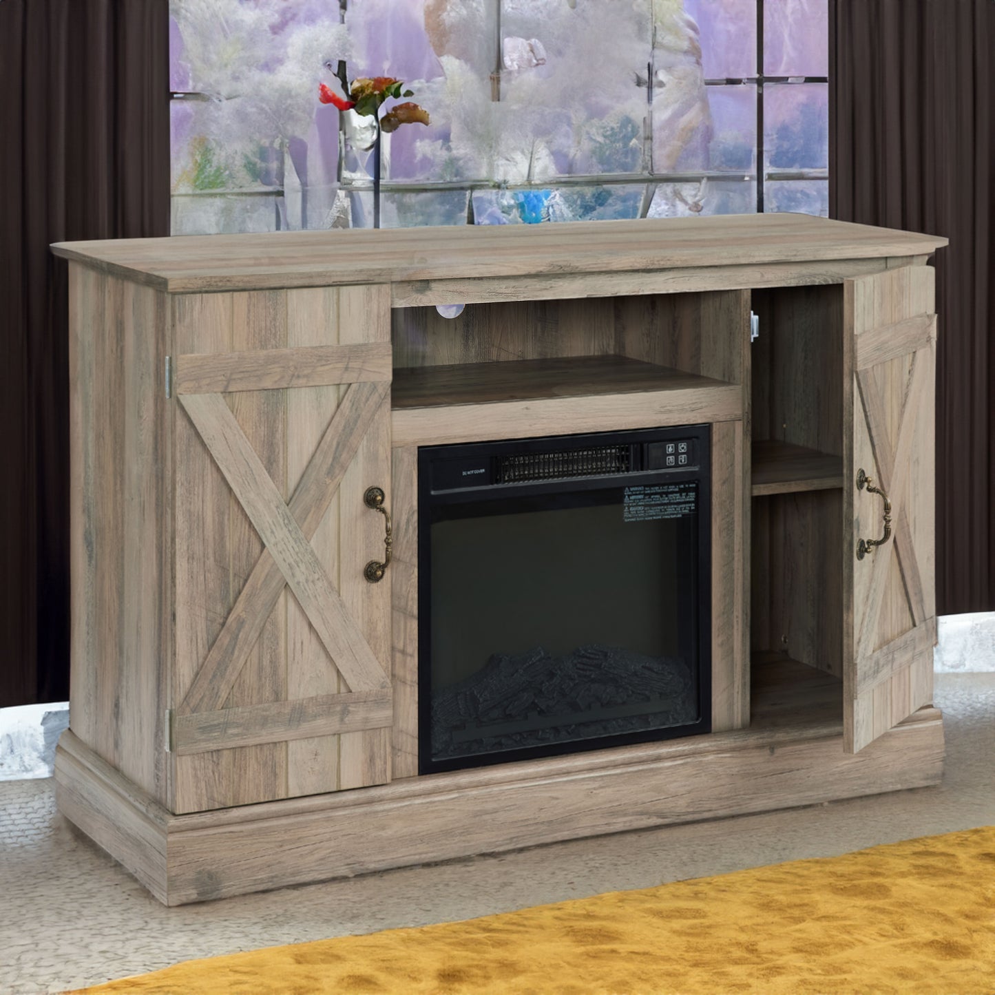 Farmhouse Classic Media TV Stand Antique Entertainment Console with 18" Electric Fireplace Insert for TV up to 50" with Open