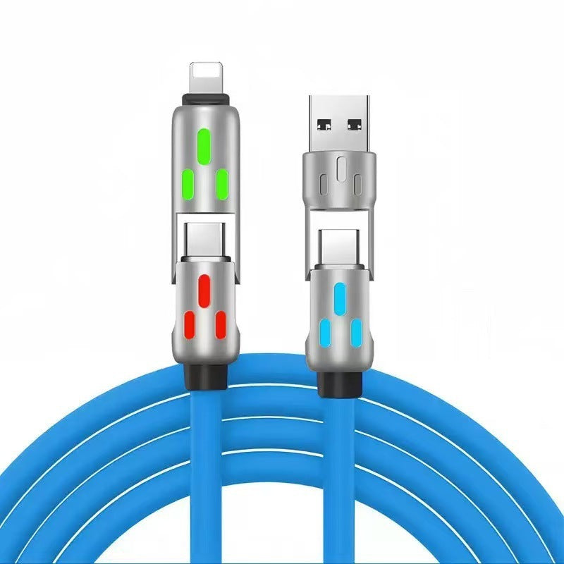 Colorful LED Silicone 4-in-1 Charging Cable with Zinc Alloy PD 100W Fast Charging, 6A Car Charger, Multi-functional Universal Compatible Charging Cable