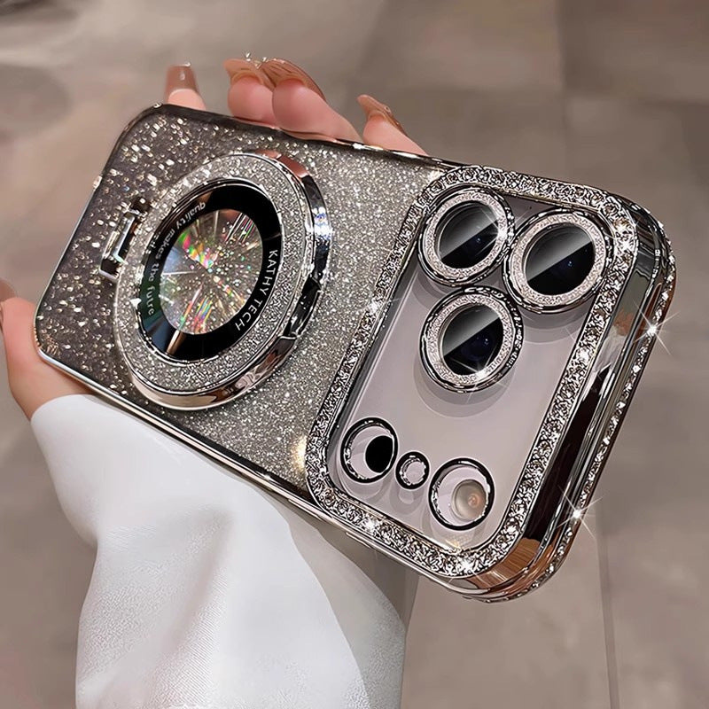 Crystal Glitter Magnetic Mount Bracket for iPhone 17 Pro Max Phone Case with Lens Film, Anti-drop Protection for Apple iPhone 16, 15