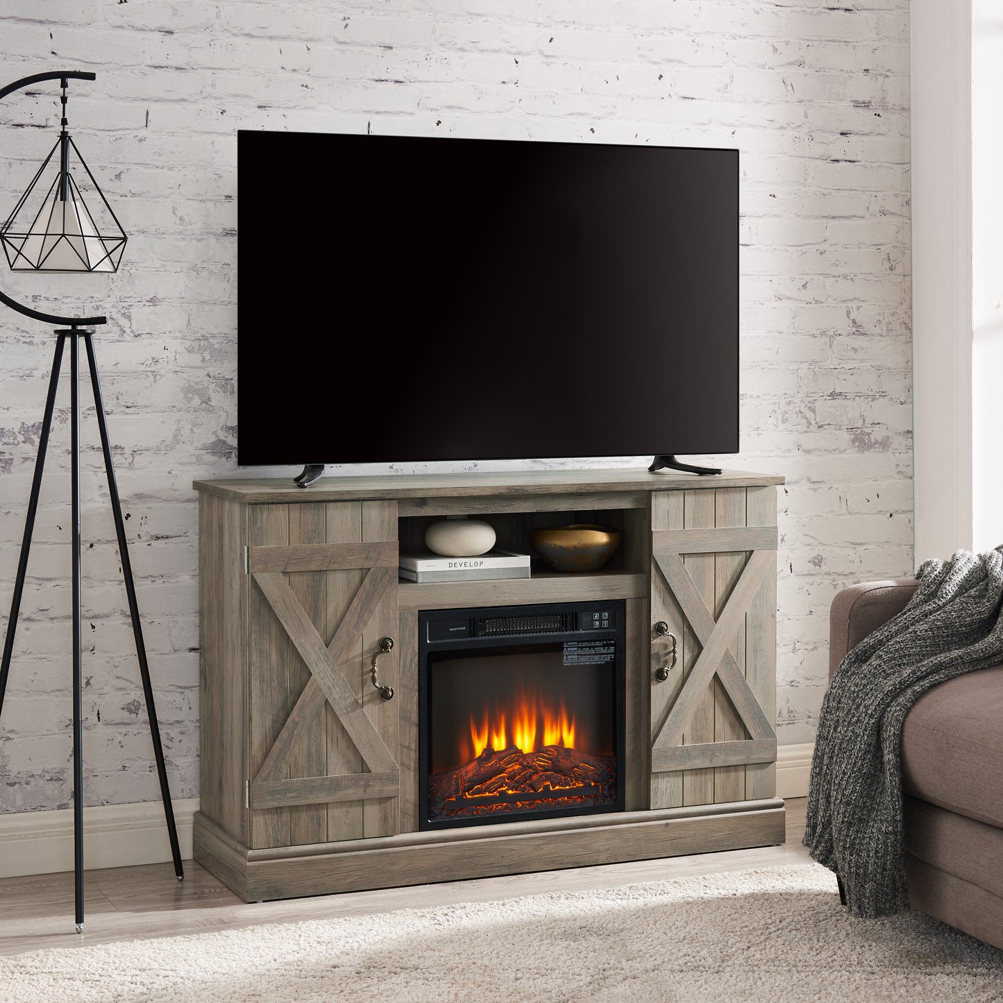 Farmhouse Classic Media TV Stand Antique Entertainment Console with 18" Electric Fireplace Insert for TV up to 50" with Open