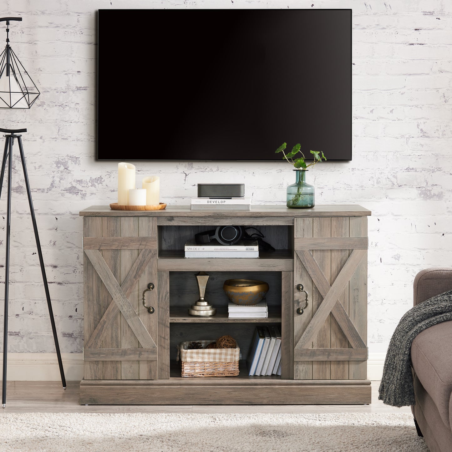 Farmhouse Classic Media TV Stand Antique Entertainment Console for TV up to 50" with Open and Closed Storage Space