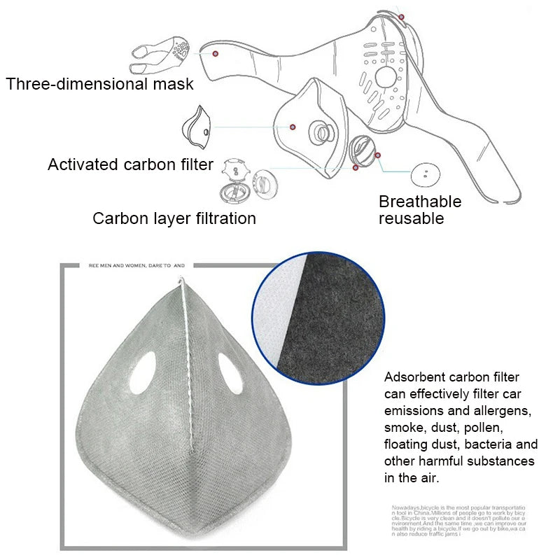 Dust Mask PM2.5 Neoprene Smog Fog Motorbike Riding Face Mouth Custom Air Filter Wholesale Anti Odor Smoke Dust Maske Health